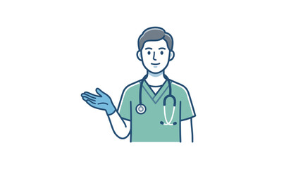 Fototapeta premium Illustration of a male doctor wearing a stethoscope and glove presenting with his hand in a blue and green color scheme on a white background.