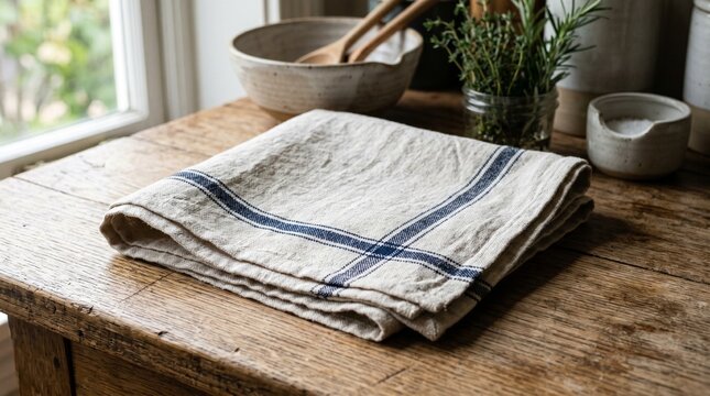 Realistic image of a folded linen tea towel with simple border
