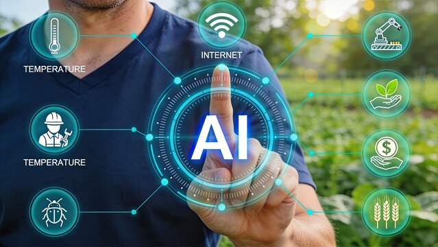 Farmer using artificial intelligence interface for smart agriculture, digital farming technology, crop monitoring, temperature control, internet connectivity, automated machinery,