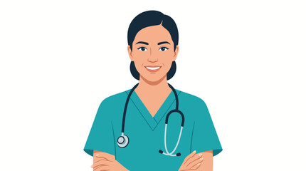 A smiling female doctor wearing teal scrubs and a stethoscope stands confidently with her arms crossed against a plain white background. © Nur