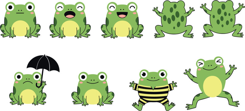 Cute Frog Cartoon Character Set with Different Emotions, Poses, and Activities Including Jumping, Dancing, and Umbrella SceneCute Frog Cartoon Character Set with Different Emotions, Poses, a