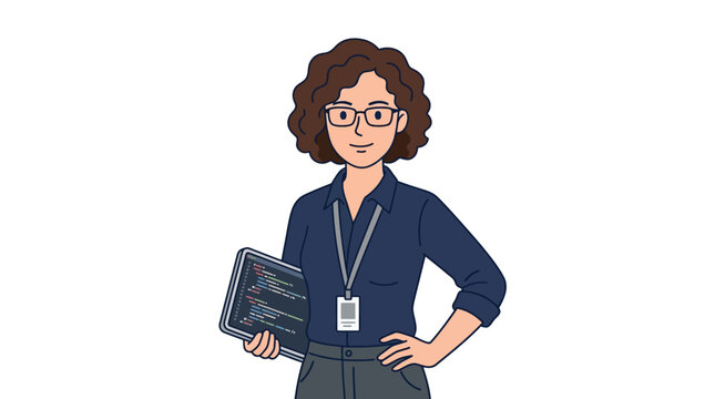 Illustration of a confident businesswoman holding a tablet and wearing an ID badge against a clean white background with a professional mood.