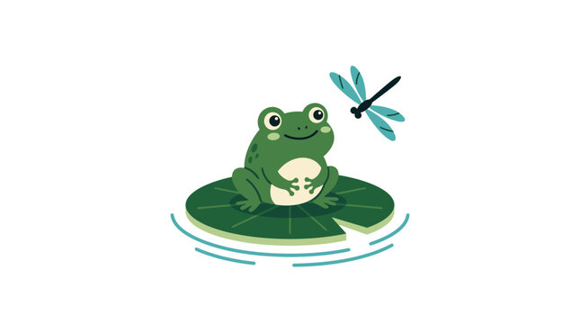 Green Frog Sitting on Lily Pad.