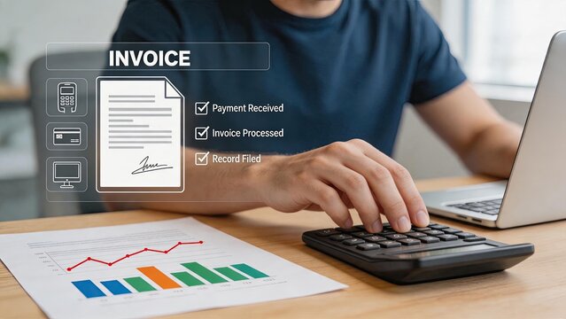 Business financial management concept showing invoice processing, payment received status, and data analysis charts on desk with calculator and laptop for accounting and