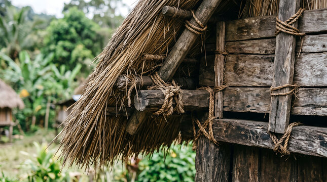 Close-up Honai roof and wall texture showing natural thatch and wood craftsmanship for heritage, museum, and architecture content.