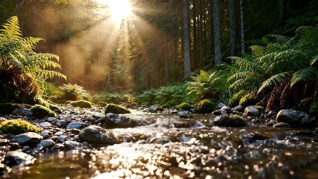 Sunlit Forest Stream Reflecting Golden Hour Rays Through Mossy Ferns and Rocks