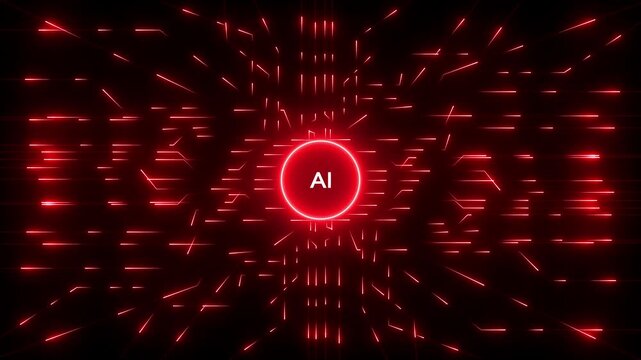 Central glowing red circle with the letters AI inside, surrounded by a network of red glowing lines radiating outwards against a black background, representing artificial intelligence and its