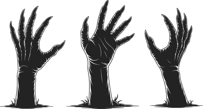 Zombie hands rising from ground, horror spooky silhouette vector illustration halloween scary undead design