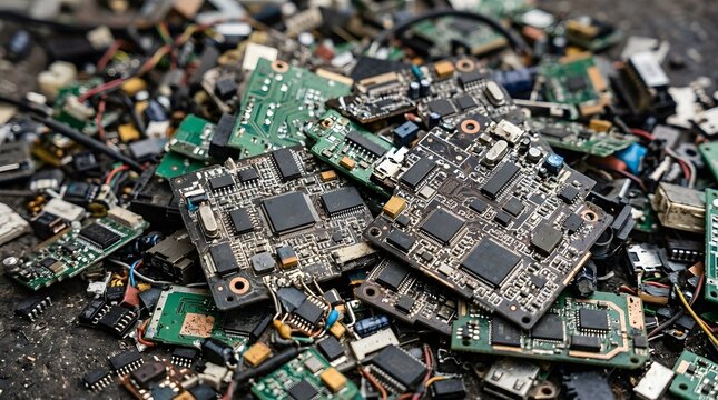 A large pile of discarded electronic circuit boards, representing e-waste and recycling challenges