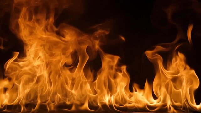 High quality footage of realistic fire flames flickering against a dark backdrop. This video element is perfect for cinematic transitions, compositing, and fire effects in professional film