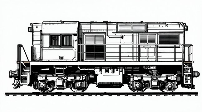 Detailed black and white illustration of a diesel locomotive. Side view shows engine, wheels, and railway tracks. Classic industrial design, mechanical engineering art, vintage train blueprint.