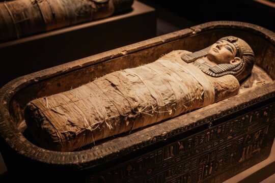 Ancient Egyptian mummy lies preserved within ornate sarcophagus coffin. Resting inside tomb sarcophagus, wrapped mummy in linen bandages. Egyptian burial art and artifacts.