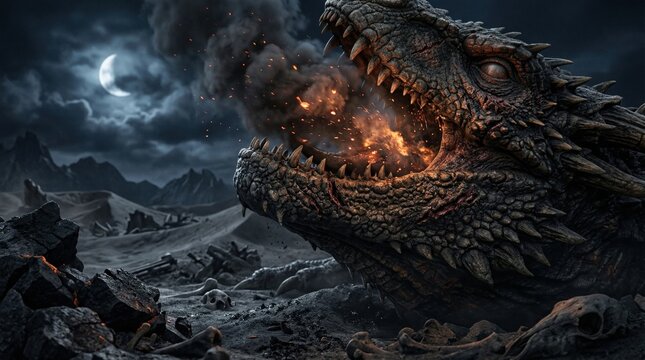 Fearsome ancient dragon breathing fire and smoke in desolate dark fantasy landscape under crescent moon.