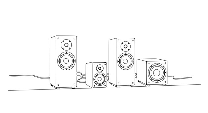 Line Art Illustration of a Home Stereo Speaker System with Subwoofer