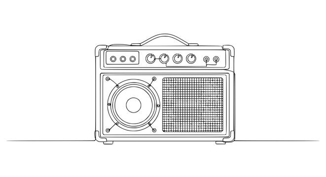 Hand-drawn line art of a vintage guitar amplifier with knobs and speaker on a white background