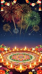Obraz premium Diwali Festival Celebration with Fireworks and Diya Lights