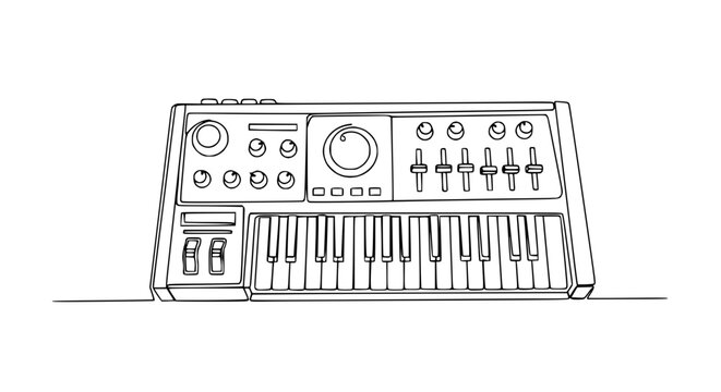 Minimalist synthesizer drawing with keyboard, knobs, and sliders, isolated on white