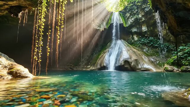 Sunlit Secret Cavern with Cascading Waterfall and Crystal Clear Pool in a Quiet Cave