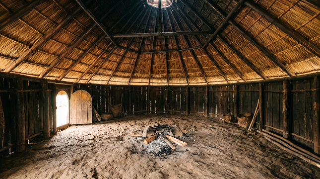 Empty Honai interior with thatched ceiling and central hearth. Useful for heritage education, museum content, and Papuan architecture visuals.