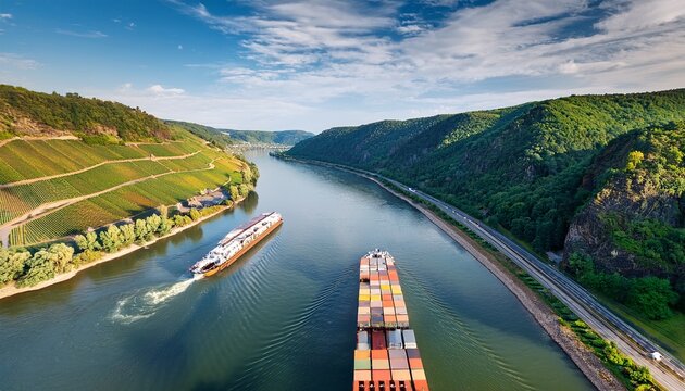 aerial view of two cargo barges transporting containers along rhine river passing riverside campsite at foot of steep green hills opposite famous loreley rock formation in upper middle rhine valley