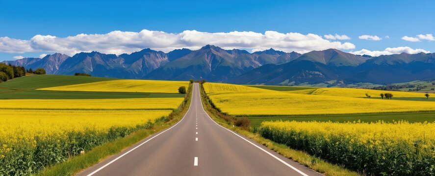Empty asphalt road leads through bright yellow rapeseed fields towards majestic mountains under a blue sky with clouds. Scenic countryside landscape in spring or summer season.