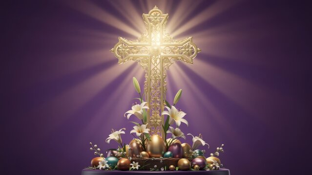 Easter Cross with Lilies and Decorative Eggs