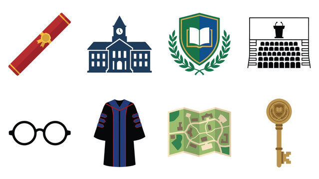 Collection of university and college themed icons including diploma, campus building, shield, auditorium, glasses, graduation gown, map, and key.
