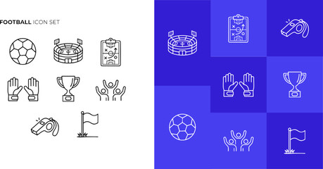 Minimalist soccer and football line icon set vector. Clean black and white outline icons featuring ball, stadium, tactics board, goalkeeper gloves, trophy, and fans for sports tournament UI design. © Kybo Creative