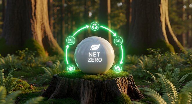 Net zero carbon emissions concept with glowing cycle in forest