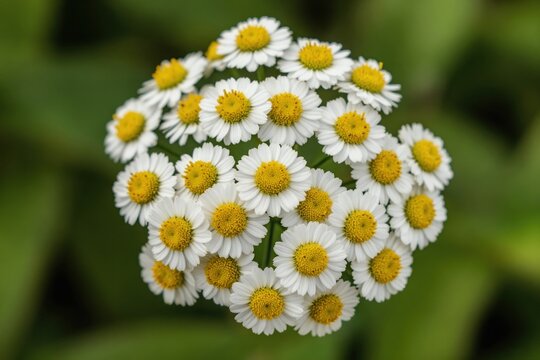 Cluster of white feverfew flowers with yellow centers bloom in garden. Daisy like herb plant with green blurred background. Nature botanical flora detail.