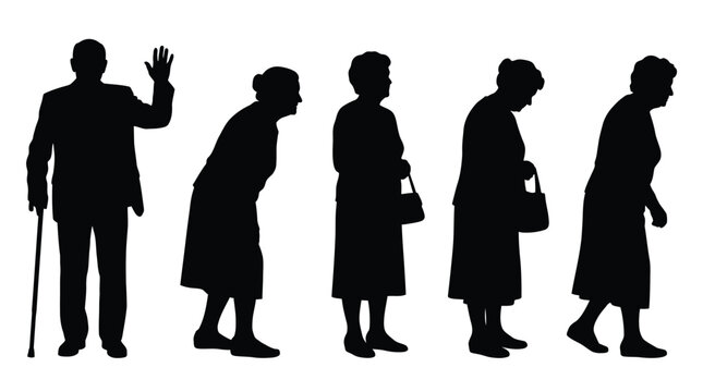 Detailed black vector illustration showing several elderly people in various standing and walking poses isolated