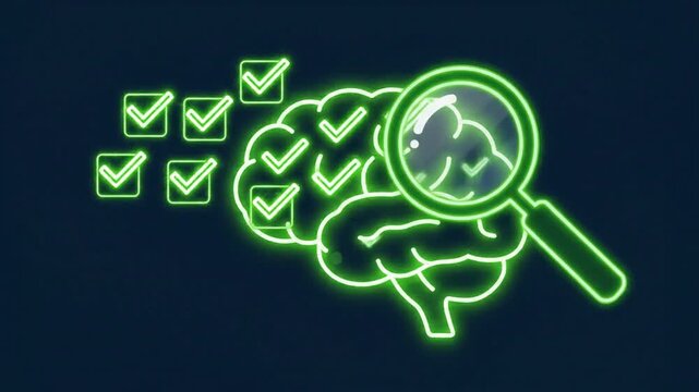 An artificial intelligence system ensures ethics and compliance with a magnifying glass on a checklist in a graphic illustration.