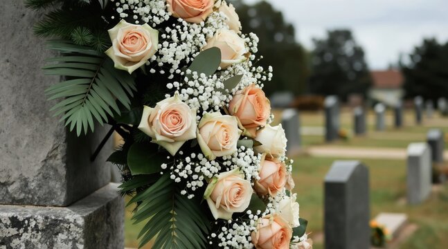 Roses and green leaves form funeral wreath on tombstone. Blurred cemetery with graves visible in background. Peaceful somber scene, outdoors daytime.
