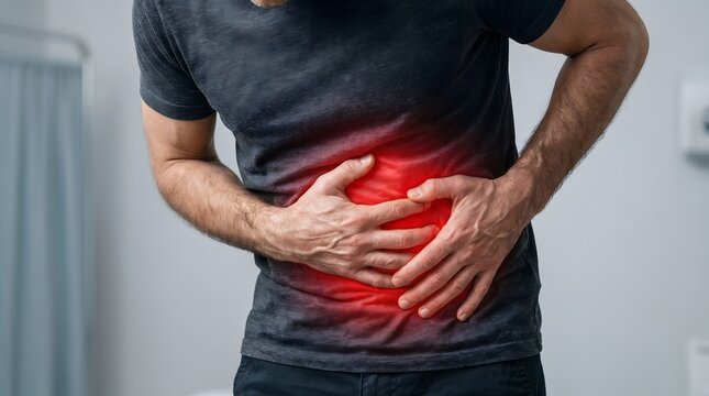 Man clutching stomach in pain, indicating discomfort and potential digestive issues with a red glow highlighting the affected area