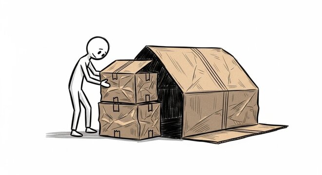 Person lifting heavy cardboard boxes in storage illustration.