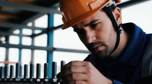 Man in orange hard hat works on bolts with serious focus. He is in construction building site checking metal components. Pro engineer checks safety quality.
