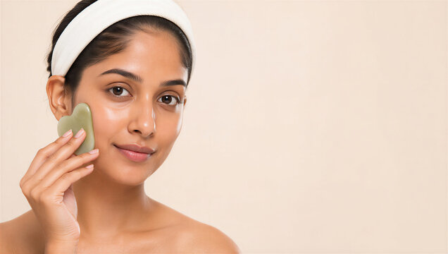 South Asian woman enjoying a calming skincare routine with jade gua sha tool, spa headband, glowing natural skin, and clean copy space for beauty advertising