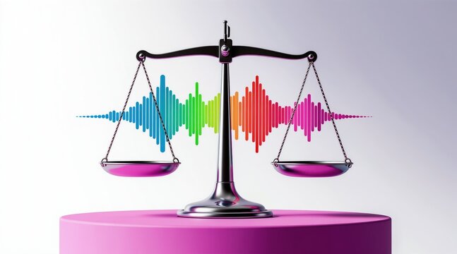 Balance scale measures colorful sound waves, representing harmony between justice and creativity in digital age. Equal balance symbolizes fairness and artistic expression equality.