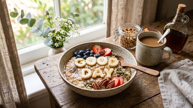 Healthy breakfast bowl with fruits and coffee on wooden table  