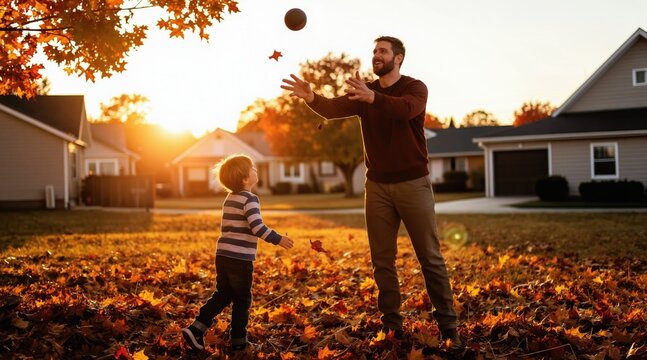 Father and son play ball in a yard full of autumn leaves. The sun sets, casting warm light on the happy family enjoying outdoor time together.