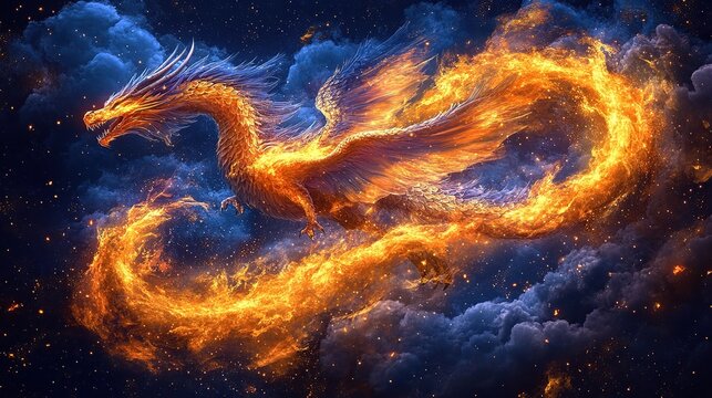 Dragon-shaped fiery comet-like serpent blazing across a dark stormy night sky