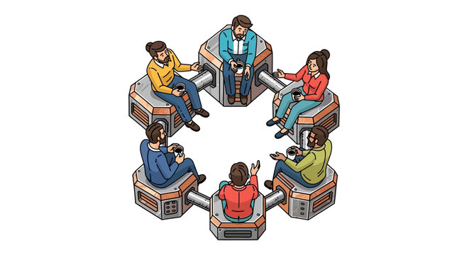 Isometric Illustration of Diverse People Sitting in a Connected Circle, Coffee Break and Brainstorming Session on Interconnected Hexagonal Pods