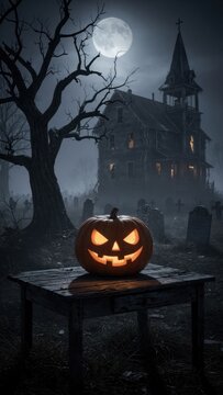 Haunted Pumpkin on Graveyard Table