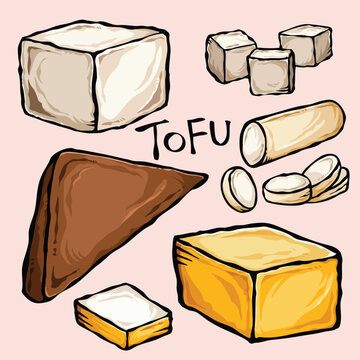 Tofu food ingredients colorful cartoon styled digital drawing illustration set bundle.