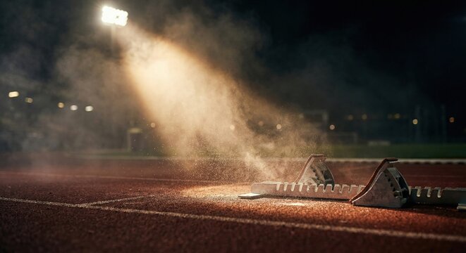 Starting blocks illuminated on track, ready for steeplechase race at night