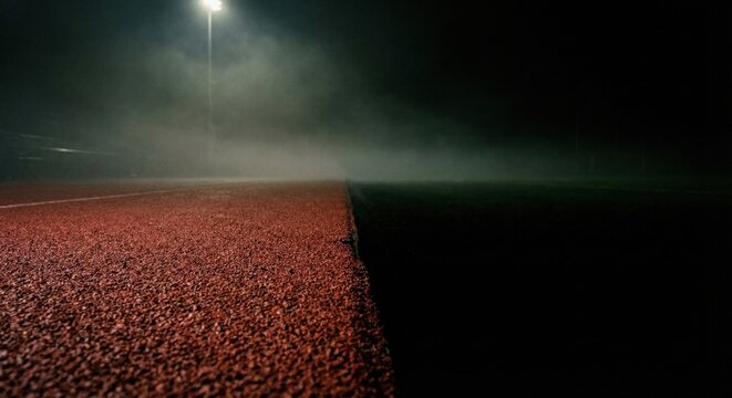 Eerie steeplechase: empty track shrouded in mist, spotlight illuminating path ahead, nighttime