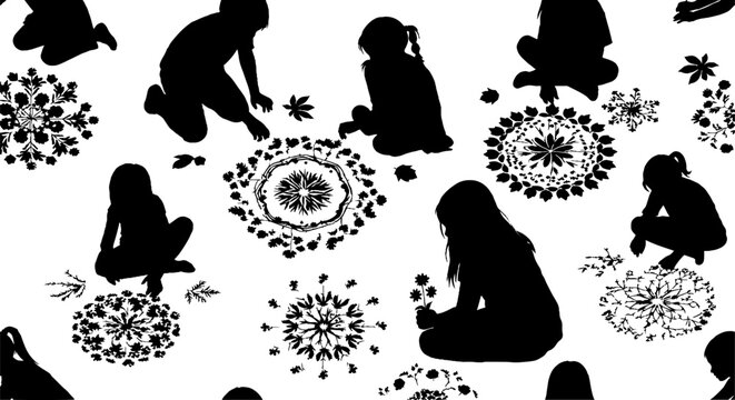 Silhouettes creating intricate traditional mandala patterns on ground.