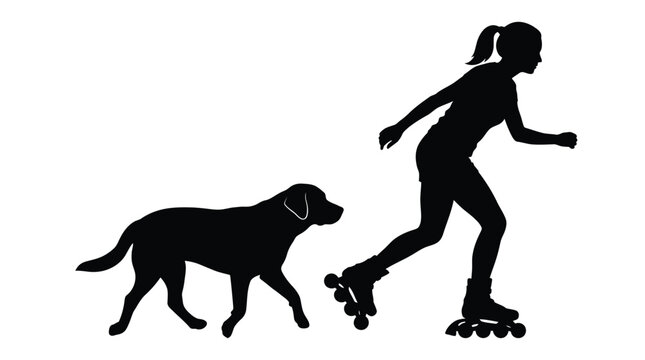 A black silhouette vector illustration of a young girl rollerblading alongside her loyal pet dog