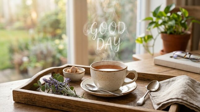 Warm cup of tea with herbs on wooden tray in cozy indoor setting  