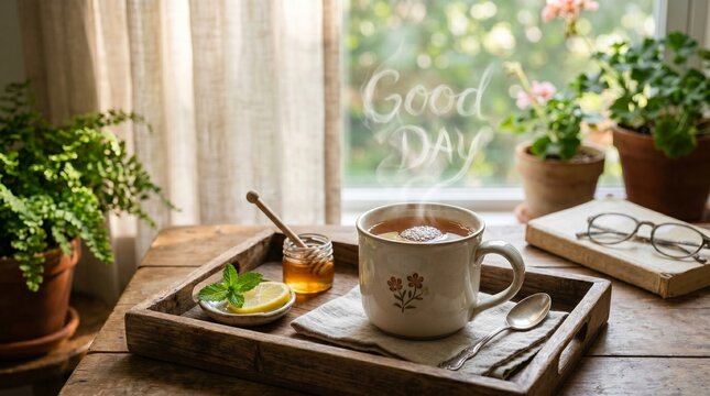Cozy tea setup with honey, lemon, and potted plants on wooden tray  